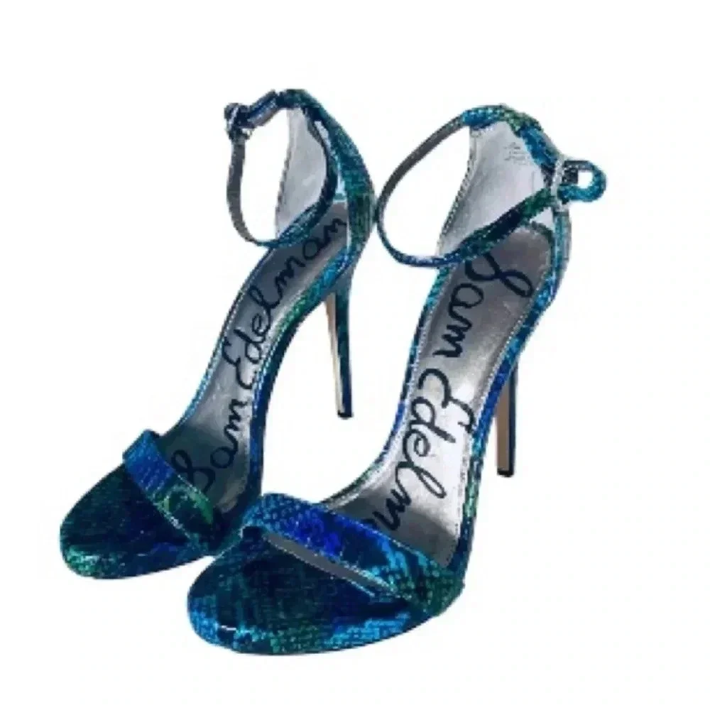 SAM EDELMAN | Eleanor Leather Snake Print Open Toe High Heels Stiletto Size 7.5M - Picture 2 of 7